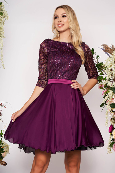 Purple occasional cloche dress transparent sleeves from laced fabric with sequin embellished details