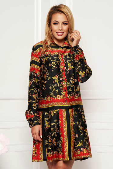 PrettyGirl black daily straight dress long sleeved from satin fabric texture with inside lining