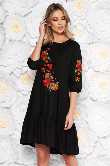 Black daily flared dress nonelastic cotton front embroidery