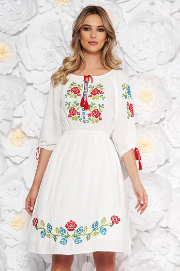 White daily cloche dress with elastic waist nonelastic cotton front embroidery