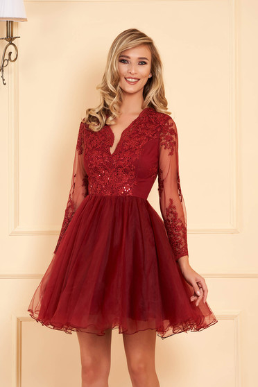 Artista burgundy occasional cloche dress with push-up cups from laced fabric with sequin embellished details