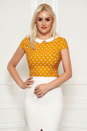 Fofy mustard elegant tented women`s blouse short sleeve thin fabric dots print
