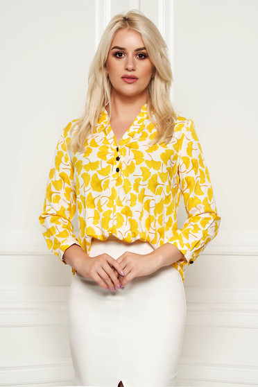 Fofy yellow asymmetrical flared women`s blouse thin fabric with floral prints