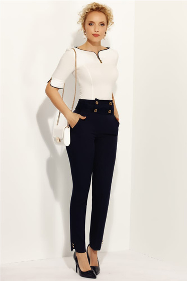 Fofy darkblue elegant conical trousers high waisted with button accessories slightly elastic fabric