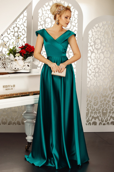 Fofy darkgreen occasional cloche dress with v-neckline off shoulder from satin