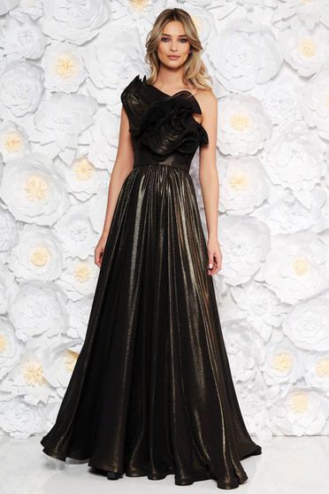 Ana Radu black occasional cloche dress from shiny fabric frilly trim around cleavage line accessorized with tied waistband