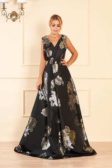 Artista black occasional cloche dress with v-neckline with floral print