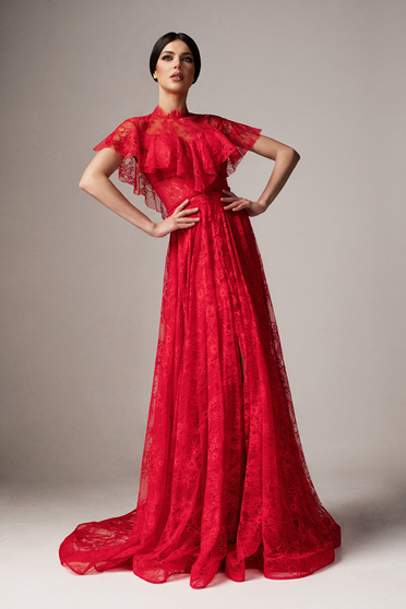 Ana Radu red occasional cloche dress laced with ruffle details with push-up cups