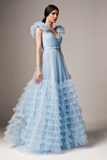 Ana Radu lightblue occasional from tulle cloche dress with v-neckline with push-up cups accessorized with tied waistband