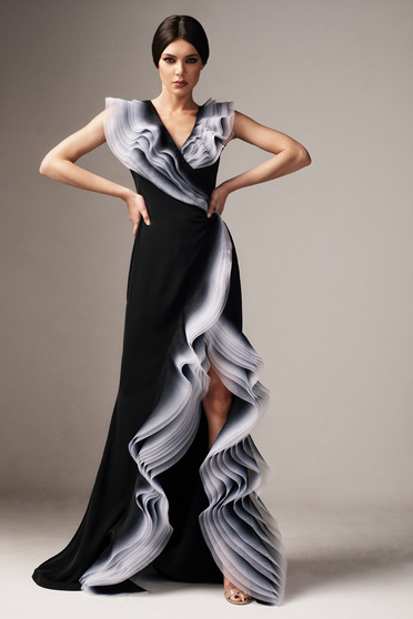 Ana Radu black occasional cloche dress with a cleavage with ruffle details