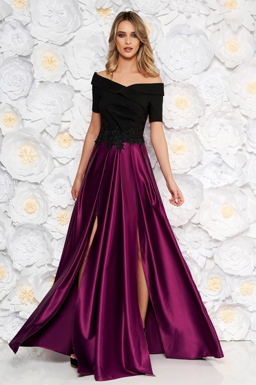 Occasional Artista purple dress from satin fabric texture with embroidery details on the shoulders cloche