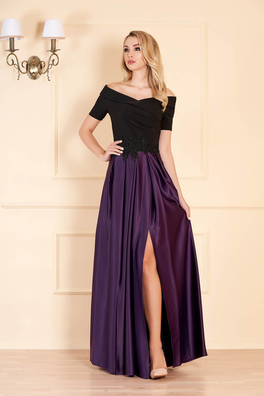 Occasional Artista purple dress from satin fabric texture with embroidery details on the shoulders cloche