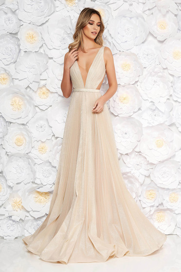 Ana Radu gold occasional long folded up cloche dress accessorized with tied waistband