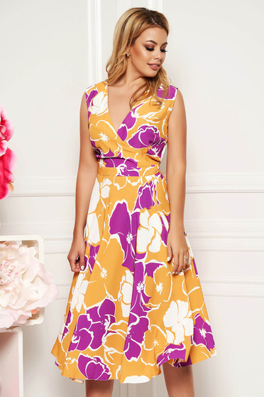 Mustard daily cloche dress with v-neckline soft fabric with floral prints