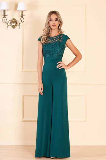 Darkgreen occasional jumpsuit flaring cut short sleeve from laced fabric with sequin embellished details
