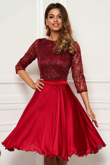Artista burgundy occasional cloche dress transparent sleeves from laced fabric with sequin embellished details