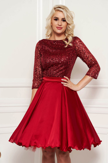 Artista burgundy occasional cloche dress transparent sleeves from laced fabric with sequin embellished details