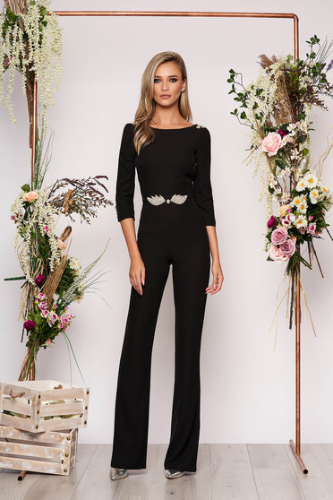 PrettyGirl black occasional jumpsuit 3/4 sleeve bare back with crystal embellished details