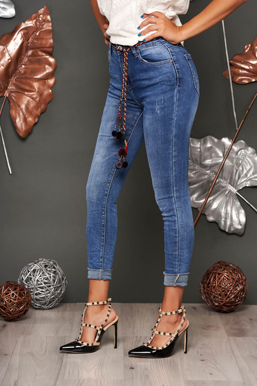 Blue skinny jeans with medium waist slightly elastic cotton