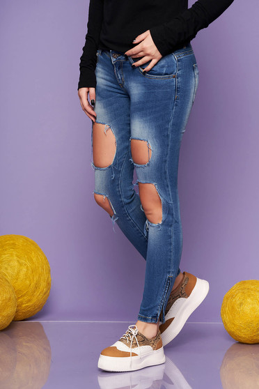 Blue casual skinny jeans with ruptures with medium waist cotton