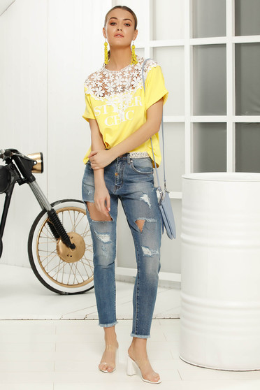 Yellow casual flared women`s blouse short sleeves