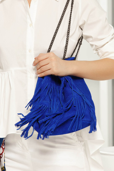 Blue casual bag with fringes long chain handle