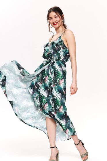 Top Secret green daily asymmetrical cloche dress with straps with v-neckline is fastened around the waist with a ribbon