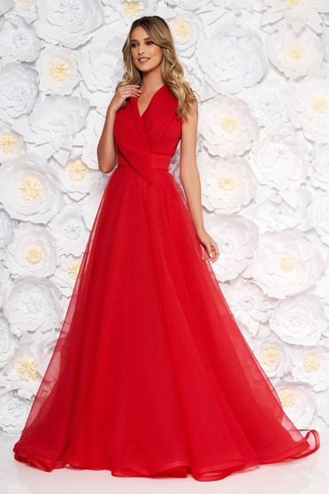 Ana Radu red occasional long cloche dress with v-neckline sleeveless