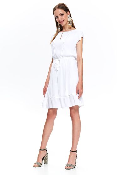Top Secret white daily cloche dress airy fabric is fastened around the waist with a ribbon with ruffles at the buttom of the dress