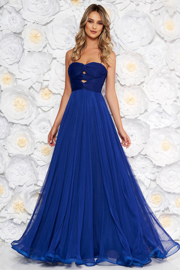 Ana Radu blue luxurious dress from tulle with inside lining with push-up cups off shoulder