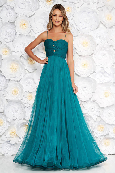 Ana Radu turquoise luxurious dress from tulle with inside lining with push-up cups off shoulder