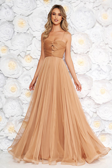Ana Radu brown luxurious dress from tulle with inside lining with push-up cups off shoulder