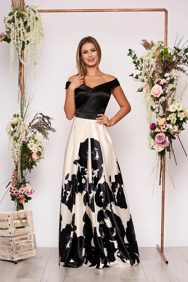 Artista black occasional long cloche dress off shoulder from satin fabric texture