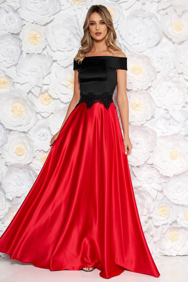 Red occasional cloche dress from satin fabric texture off shoulder handmade emroidered details