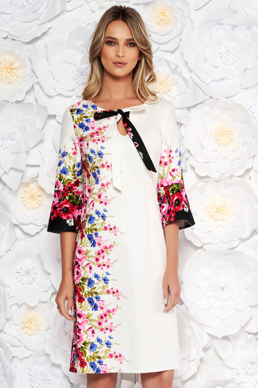 White daily cotton a-line dress with floral print with 3/4 sleeves