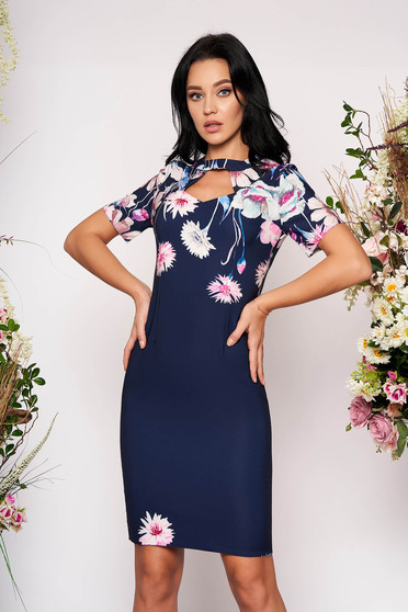 Darkblue elegant pencil dress short sleeve slightly elastic fabric cut-out bust design