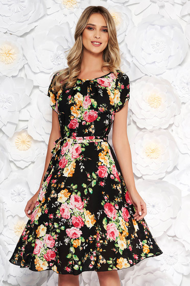 Black daily cloche dress short sleeve thin fabric with floral prints