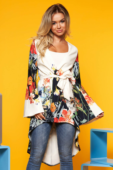 White casual asymmetrical women`s blouse long sleeve thin fabric with floral print