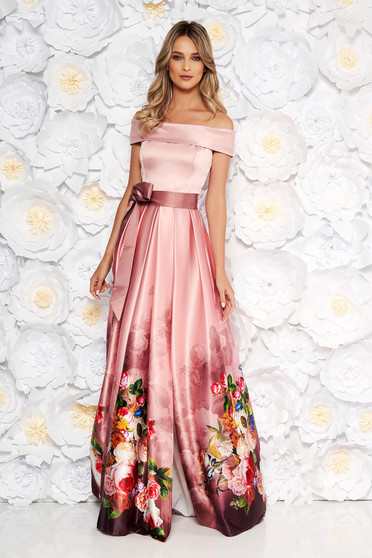 Lightpink occasional cloche dress from satin fabric texture with floral print off-shoulder