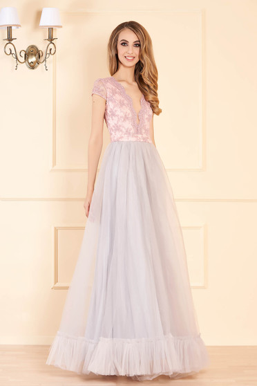 Fofy grey occasional cloche dress lace and tulle fabric with deep cleavage short sleeves