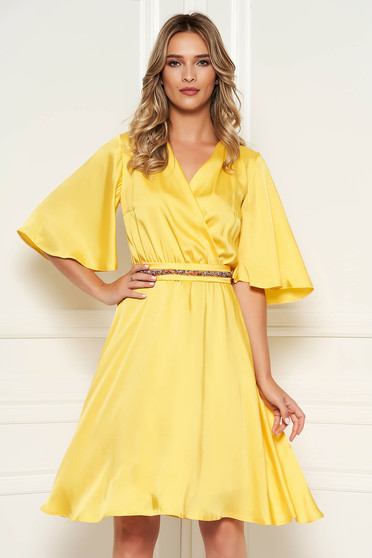 StarShinerS yellow dress elegant daily midi from satin flaring cut with v-neckline with butterfly sleeves