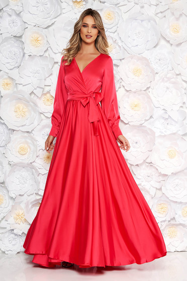 LaDonna coral occasional long cloche dress elastic waist from satin fabric texture