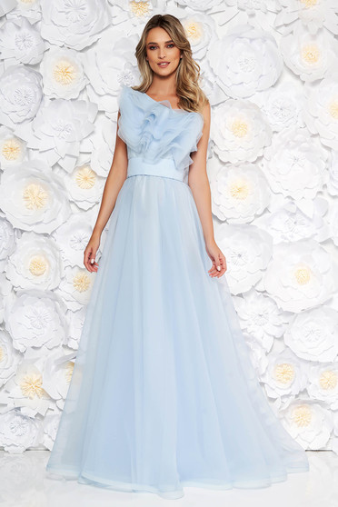 Ana Radu lightblue dress luxurious from tulle with inside lining with ruffles on the chest one shoulder