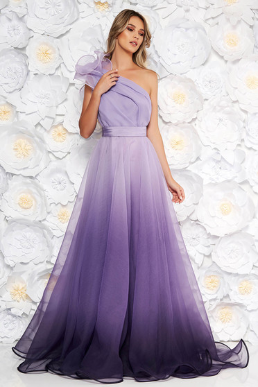 Ana Radu lila luxurious long cloche dress with inside lining accessorized with tied waistband one shoulder