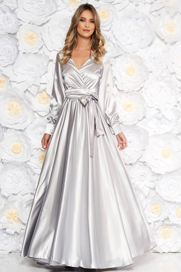 LaDonna grey occasional long cloche dress elastic waist from satin fabric texture