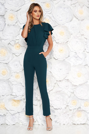 Dirty green occasional jumpsuit with tented cut from elastic fabric with cut back with pockets