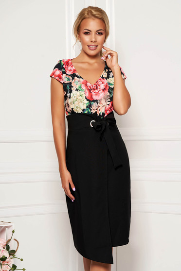 Black elegant daily pencil dress with v-neckline slightly elastic fabric