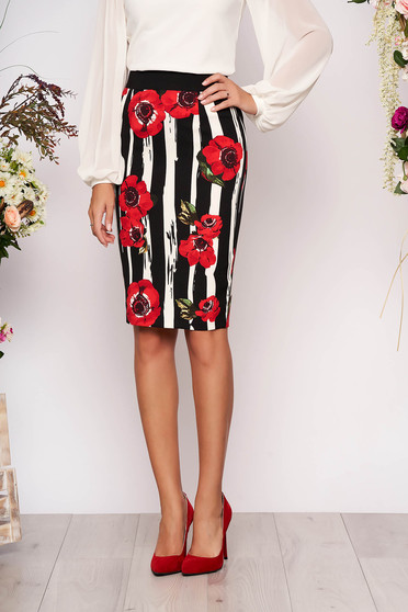 Red skirt office midi with tented cut from elastic fabric high waisted