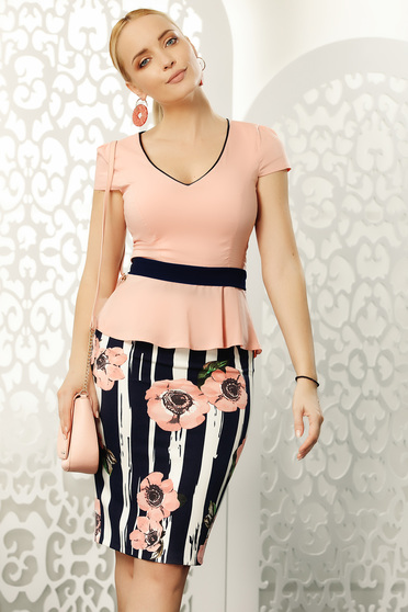 Lightpink skirt office midi with tented cut from elastic fabric high waisted