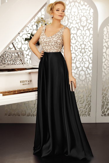 Black dress occasional cloche from satin with sequins sleeveless with v-neckline